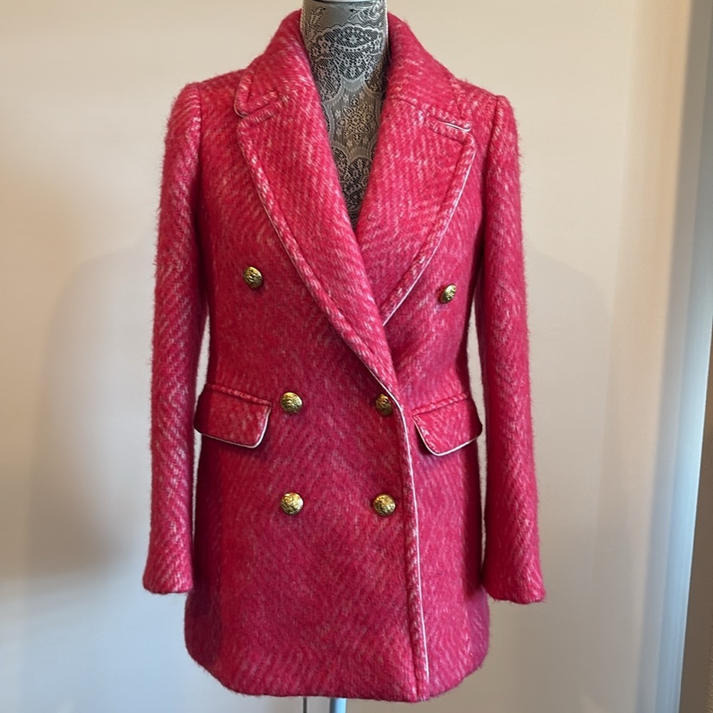 J. Crew Womens Diamond Tweed Peacoat Pink Wool Alpaca Fuzzy Coat Size 0 - Picture 4 of 16